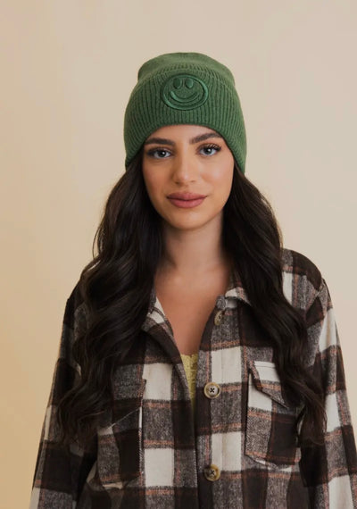 Smiley Face Embroidered Ribbed Knit Beanie