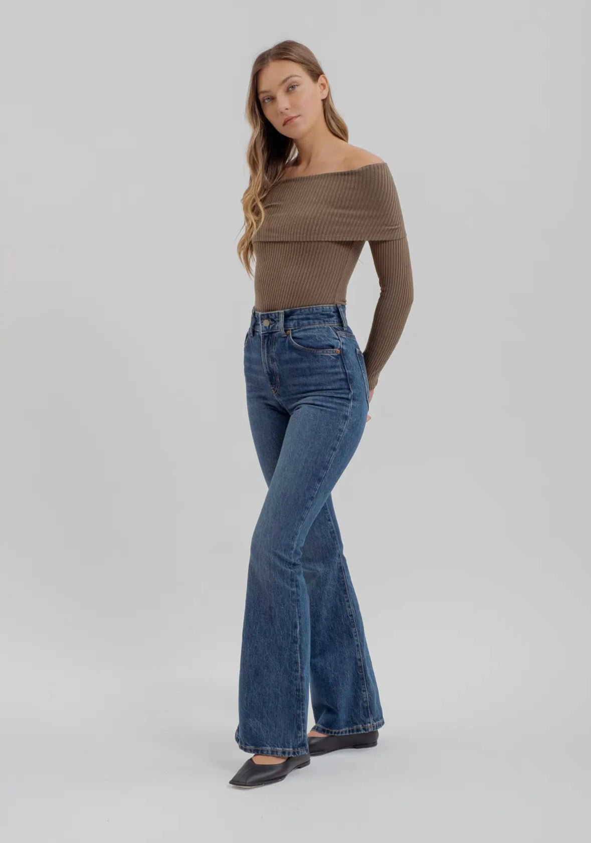 Fold Over Off the Shoulder Long Sleeve Knit Top