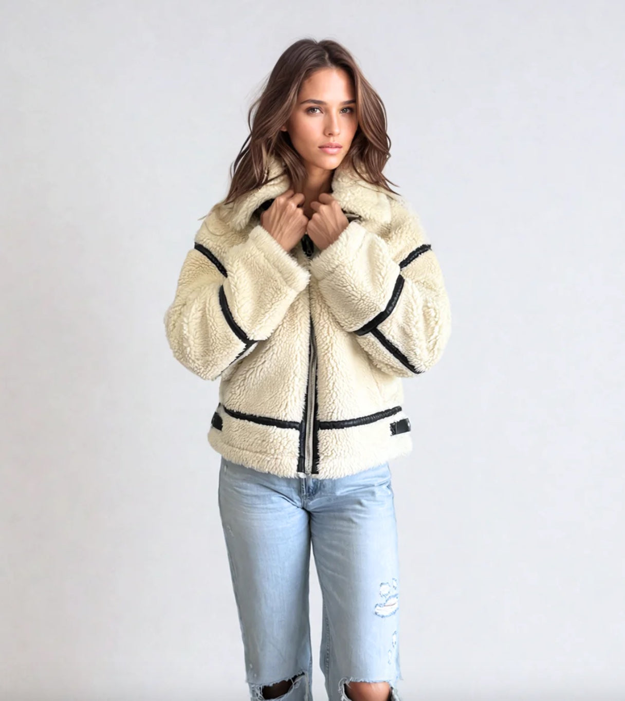 Alta Faux Fur Biker Jacket in Crème