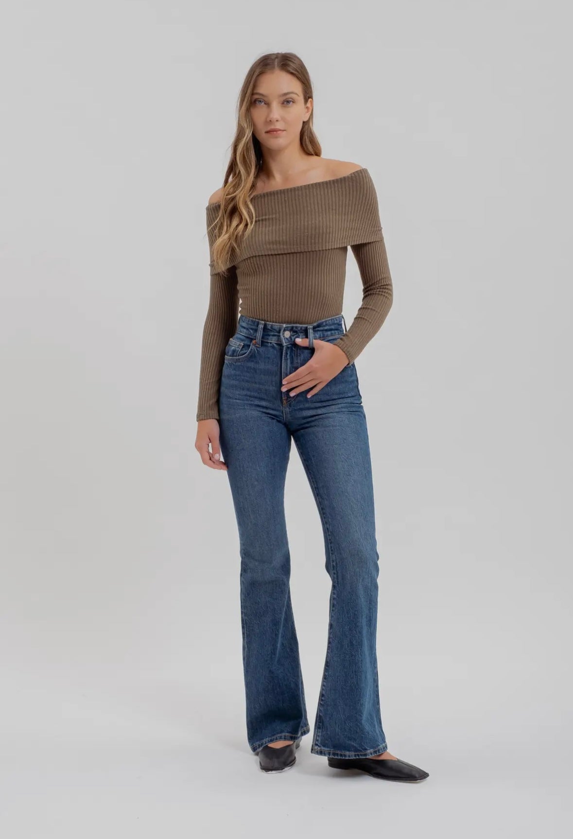 Fold Over Off the Shoulder Long Sleeve Knit Top