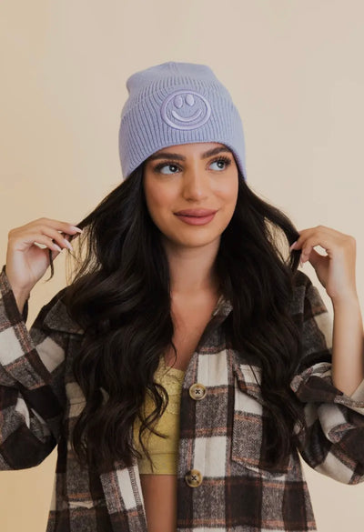 Smiley Face Embroidered Ribbed Knit Beanie