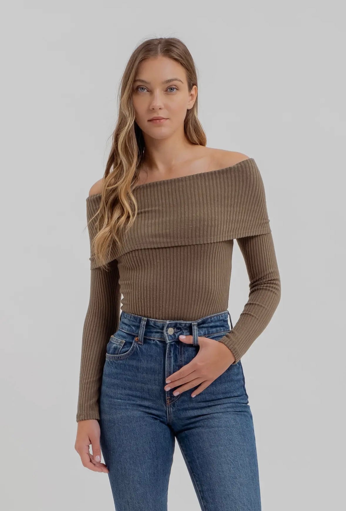 Fold Over Off the Shoulder Long Sleeve Knit Top