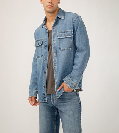 Mens shirt jacket- silver jeans