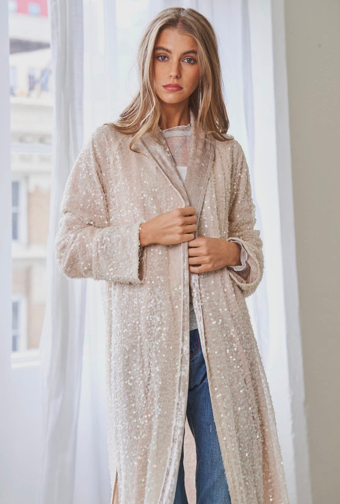 Sequin duster with velvet collar