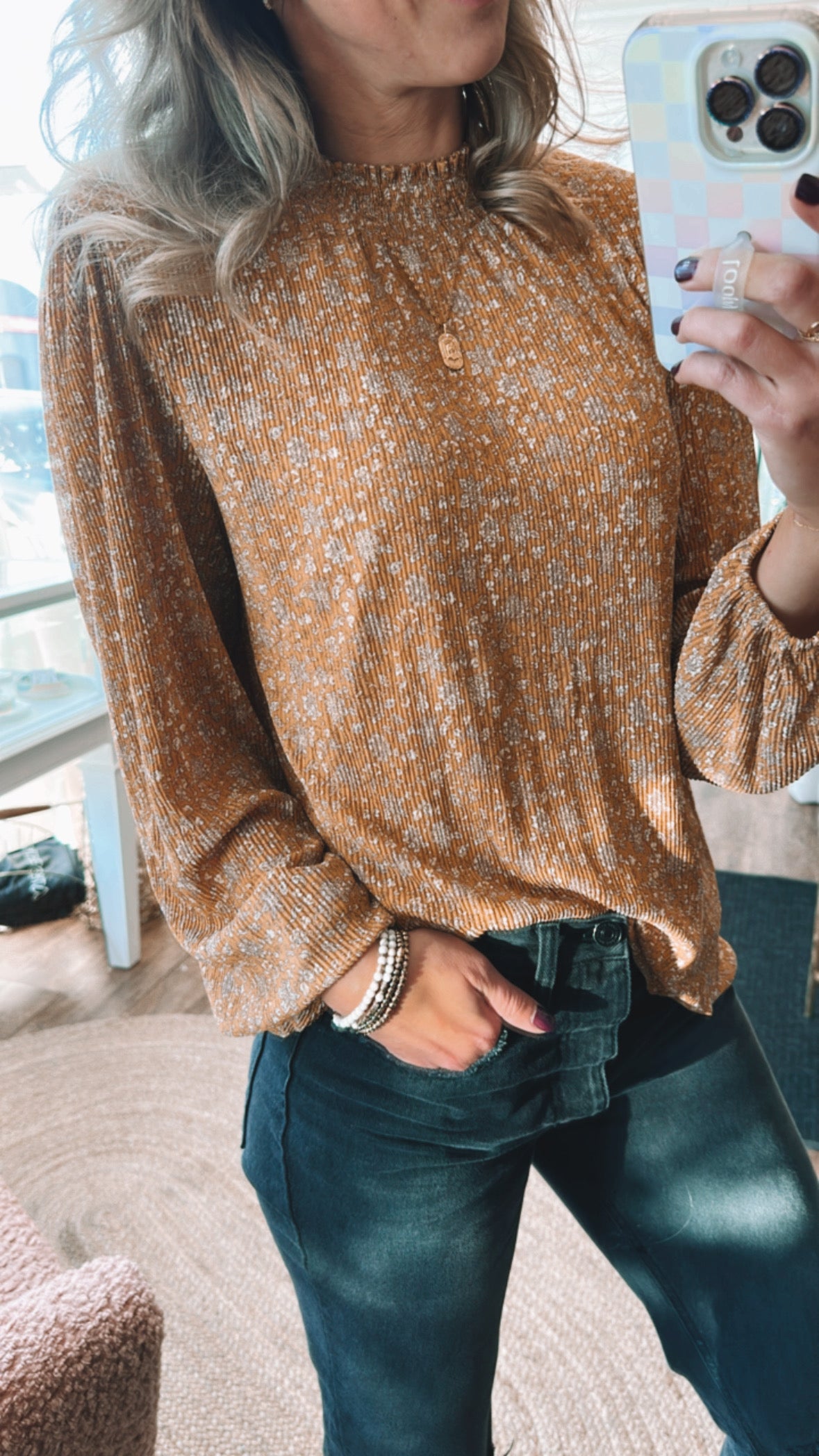 Pleated ditsy floral top