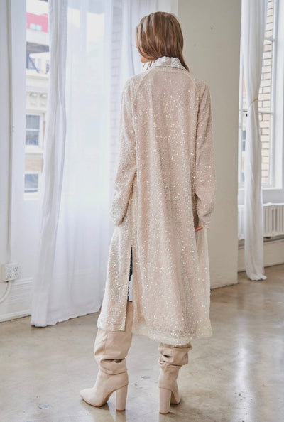 Sequin duster with velvet collar