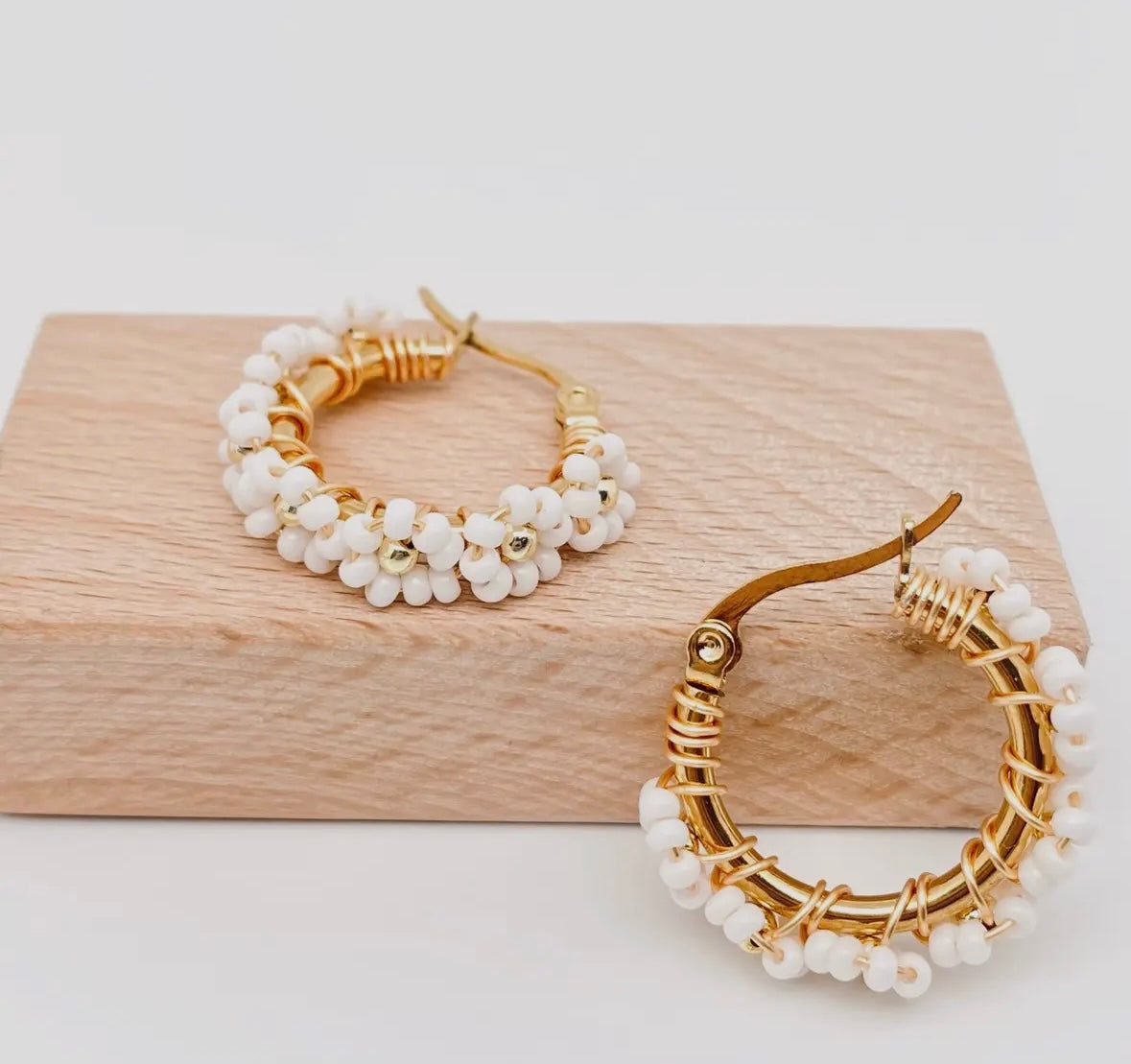 Seed Bead daisy hoop earrings