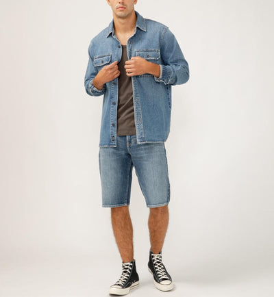 Mens shirt jacket- silver jeans