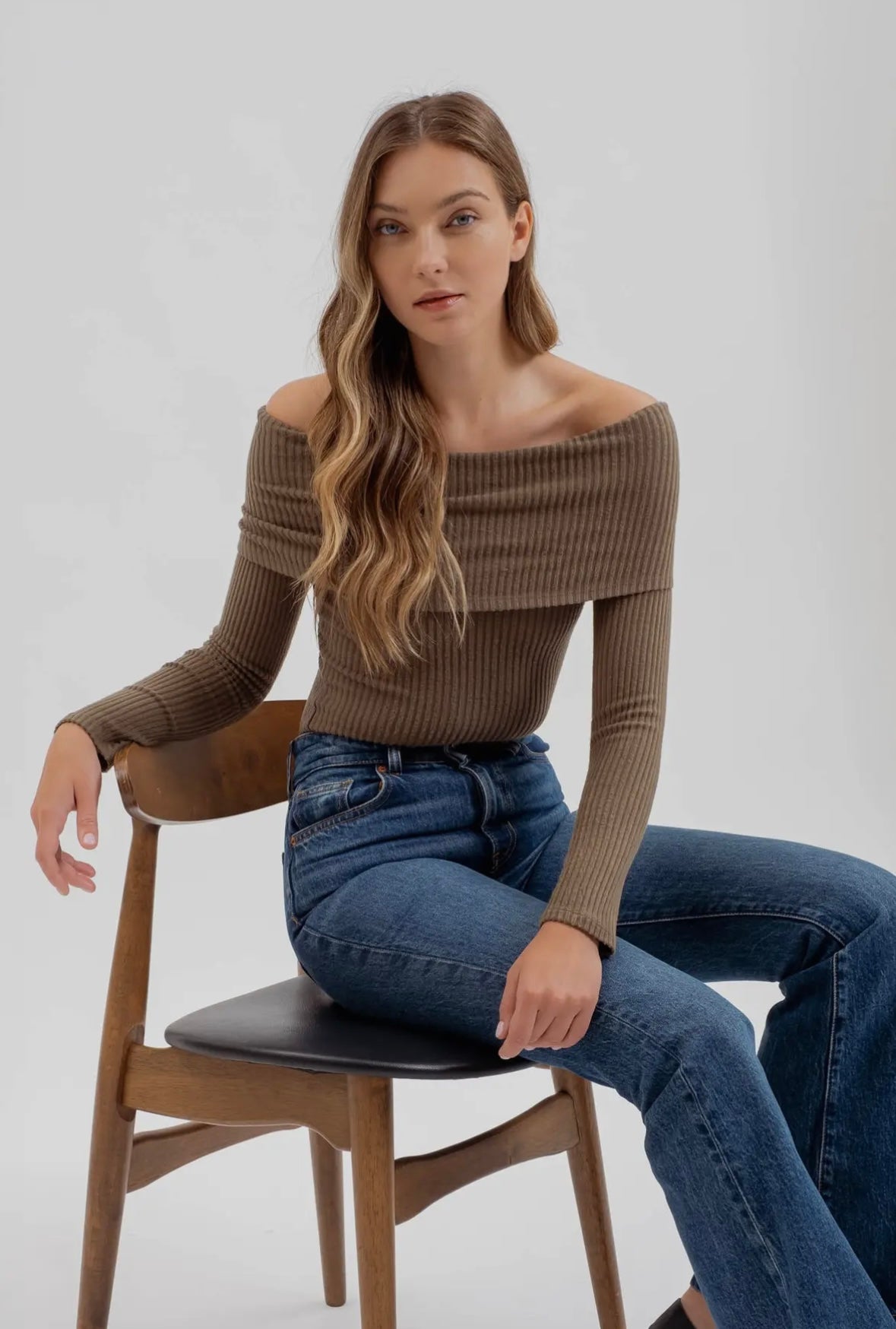 Fold Over Off the Shoulder Long Sleeve Knit Top