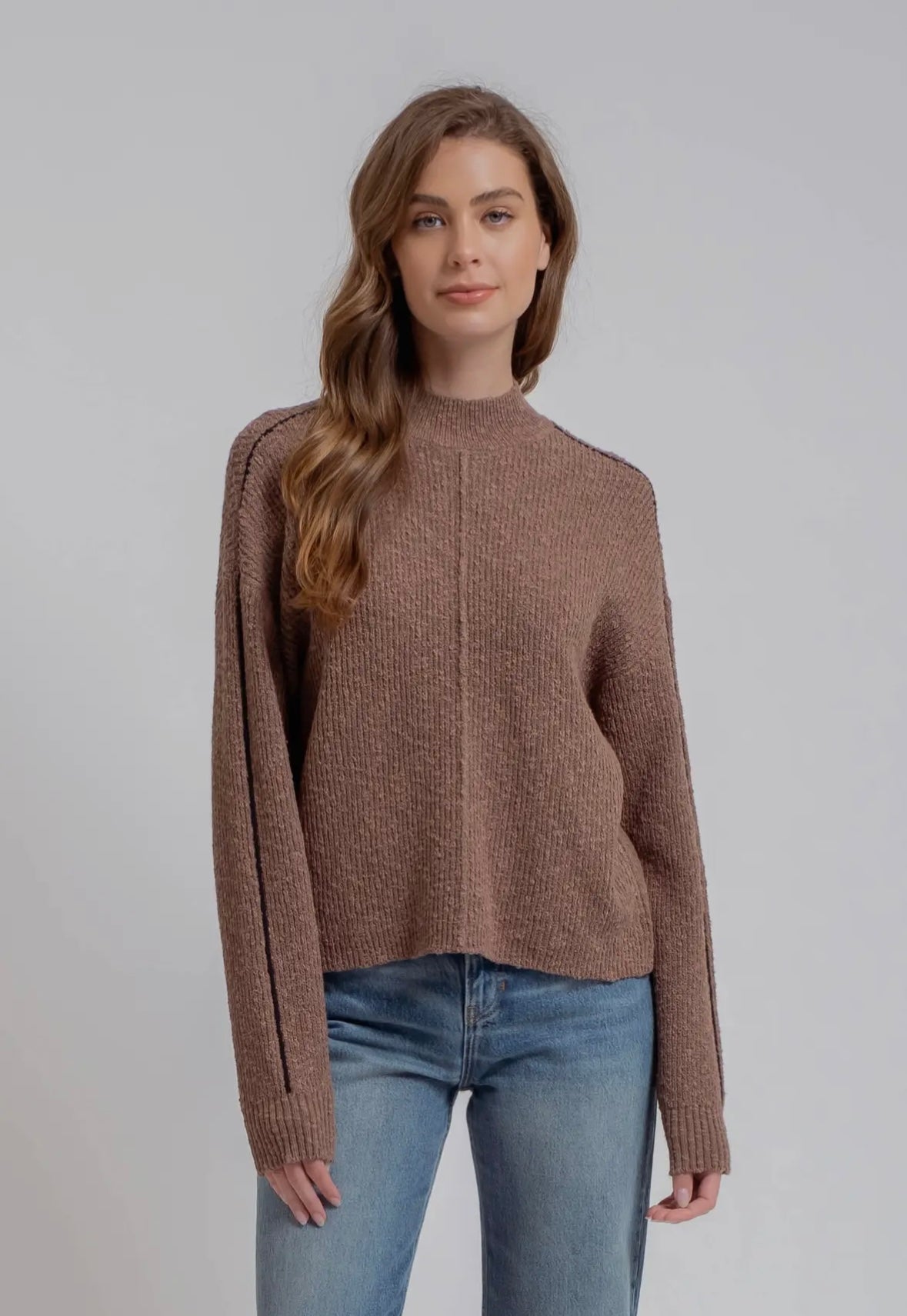 Mock Neck Contrast Seam Sweater Knit Pullover