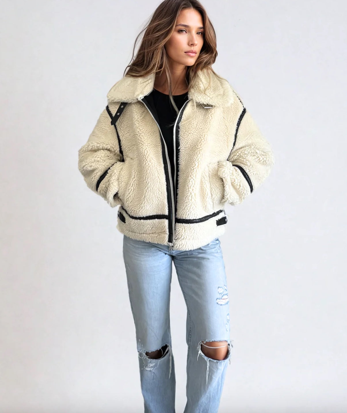 Alta Faux Fur Biker Jacket in Crème