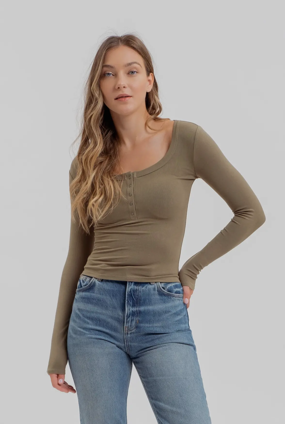 Scoop Neck Long Sleeve Henley Knit Top