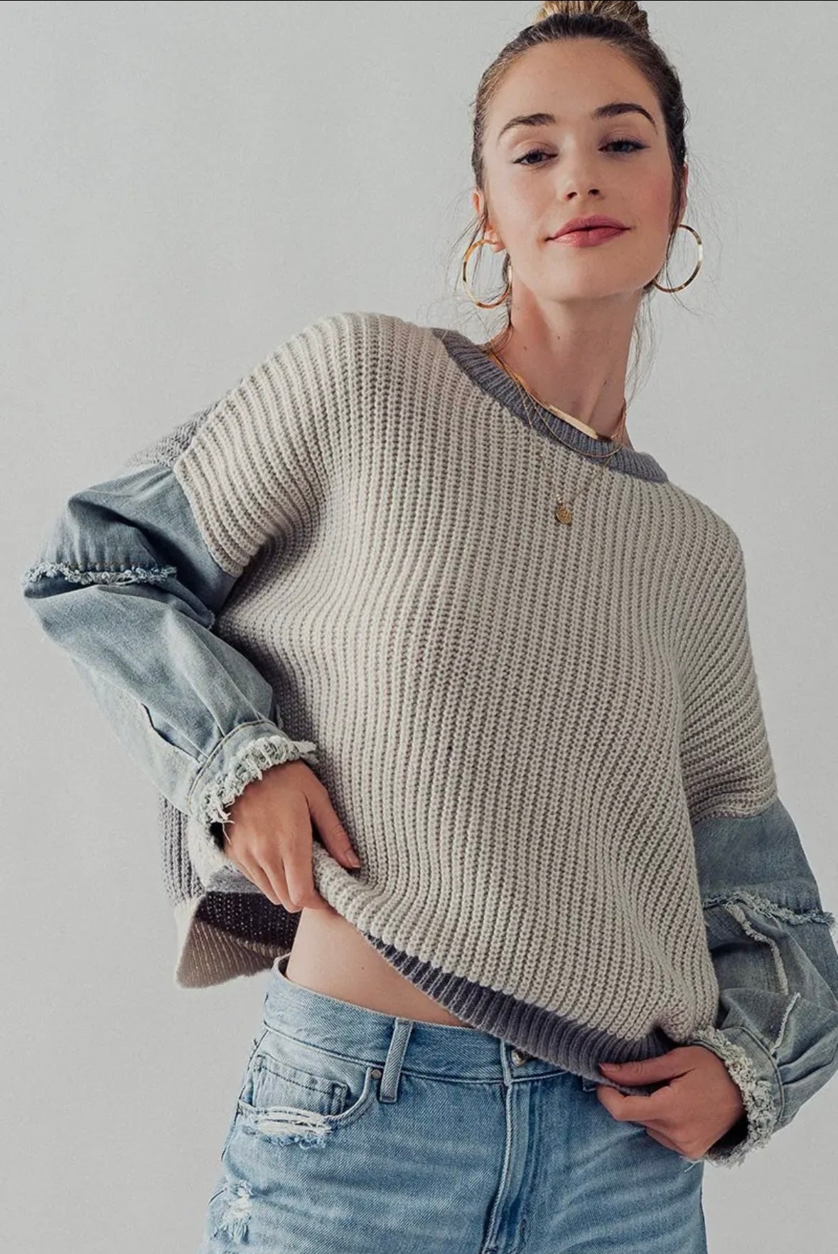 Denim sleeve two tone knit sweater