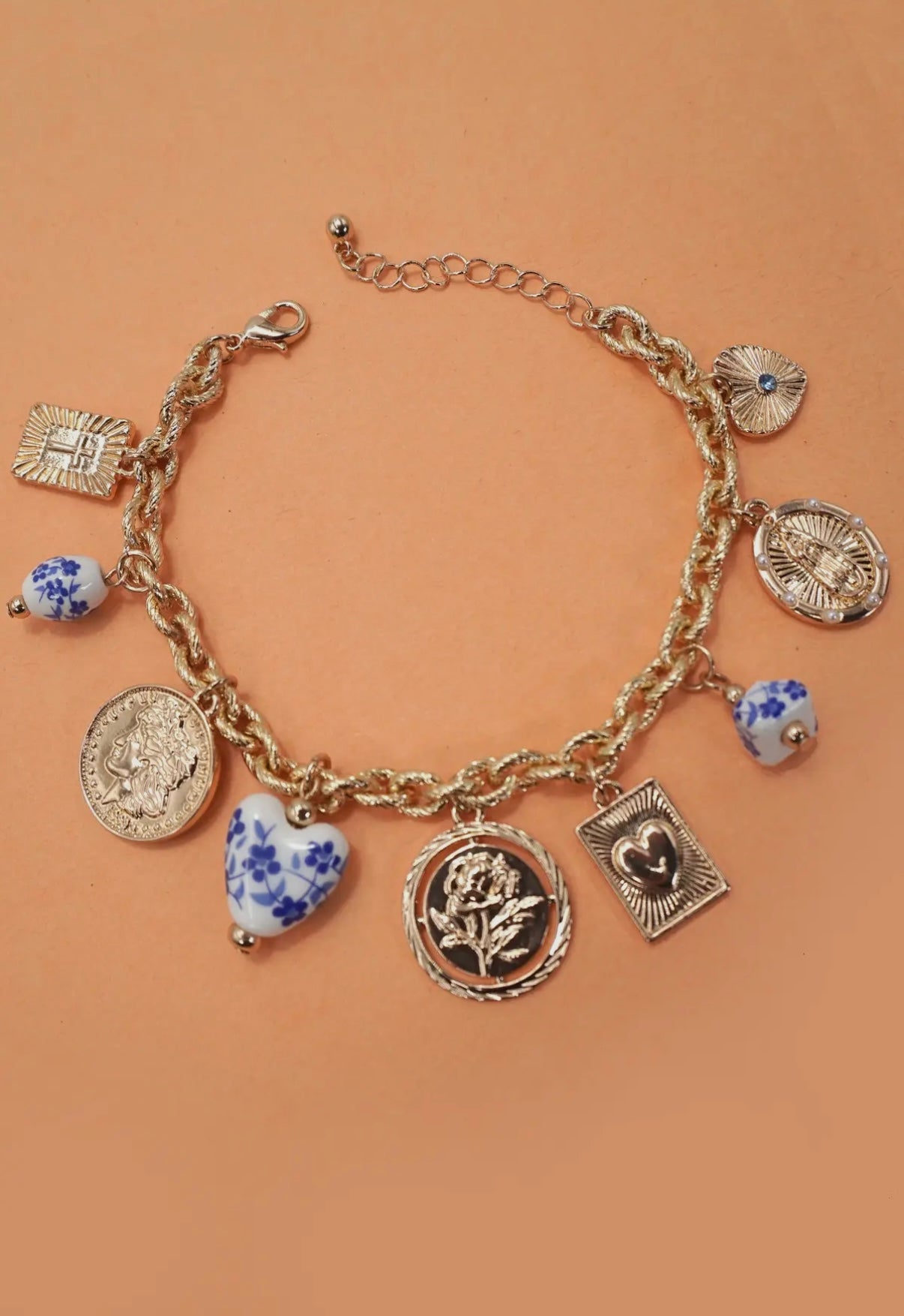 Blue Ceramic Porcelain Coin Cross Charm Bracelet