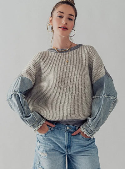 Denim sleeve two tone knit sweater