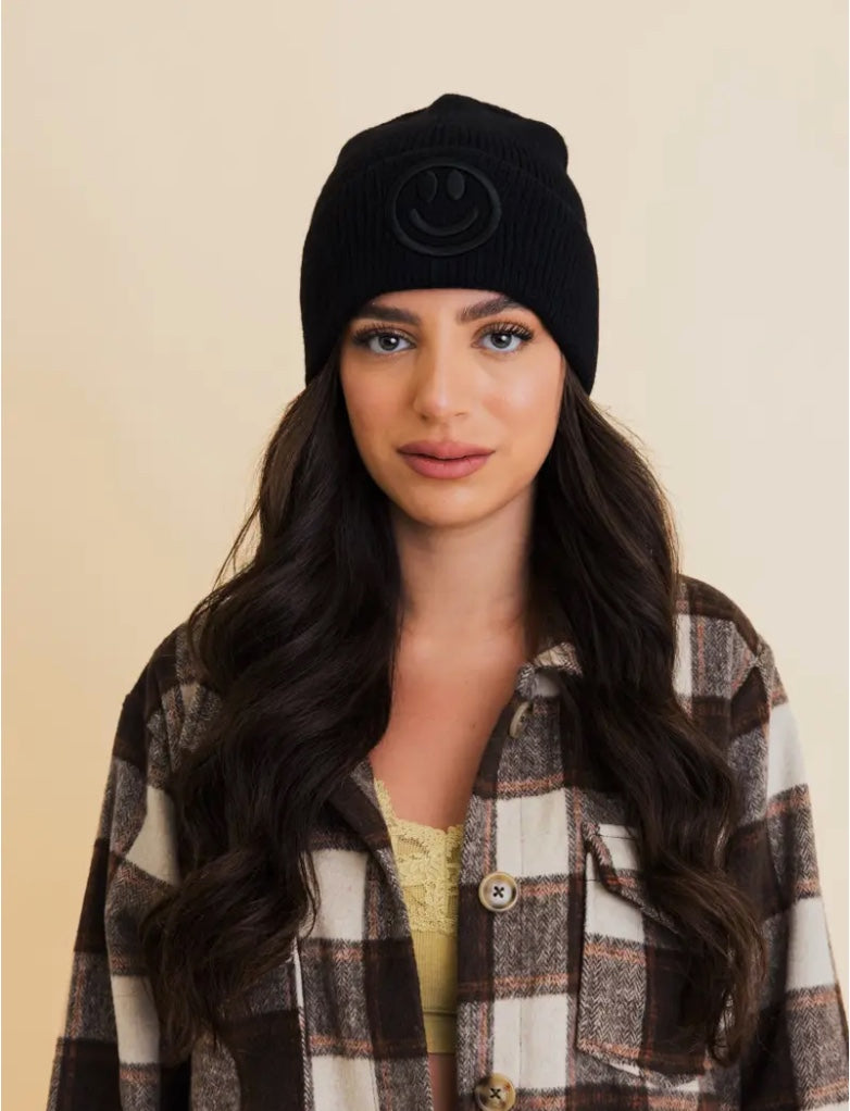 Smiley Face Embroidered Ribbed Knit Beanie