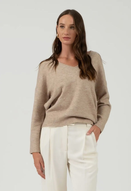 Solid V Neck Drop Shoulder Knit Sweater