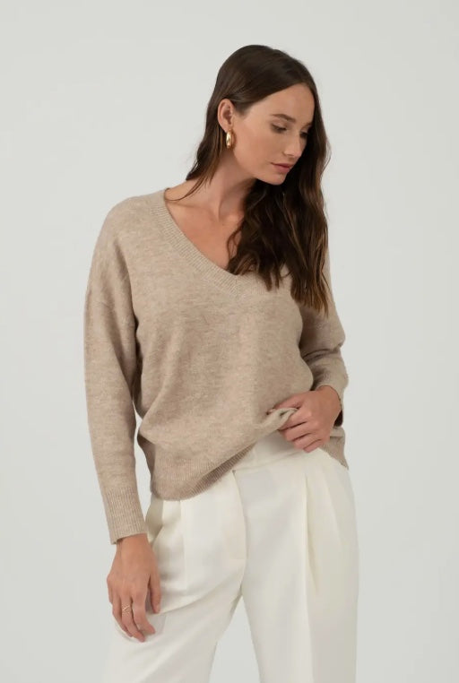 Solid V Neck Drop Shoulder Knit Sweater