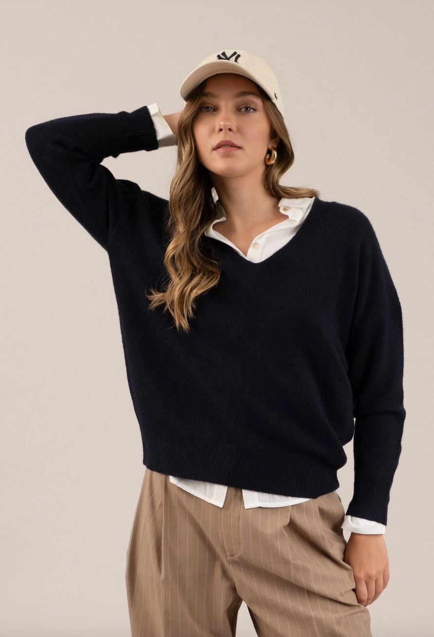 Solid V Neck Drop Shoulder Knit Sweater