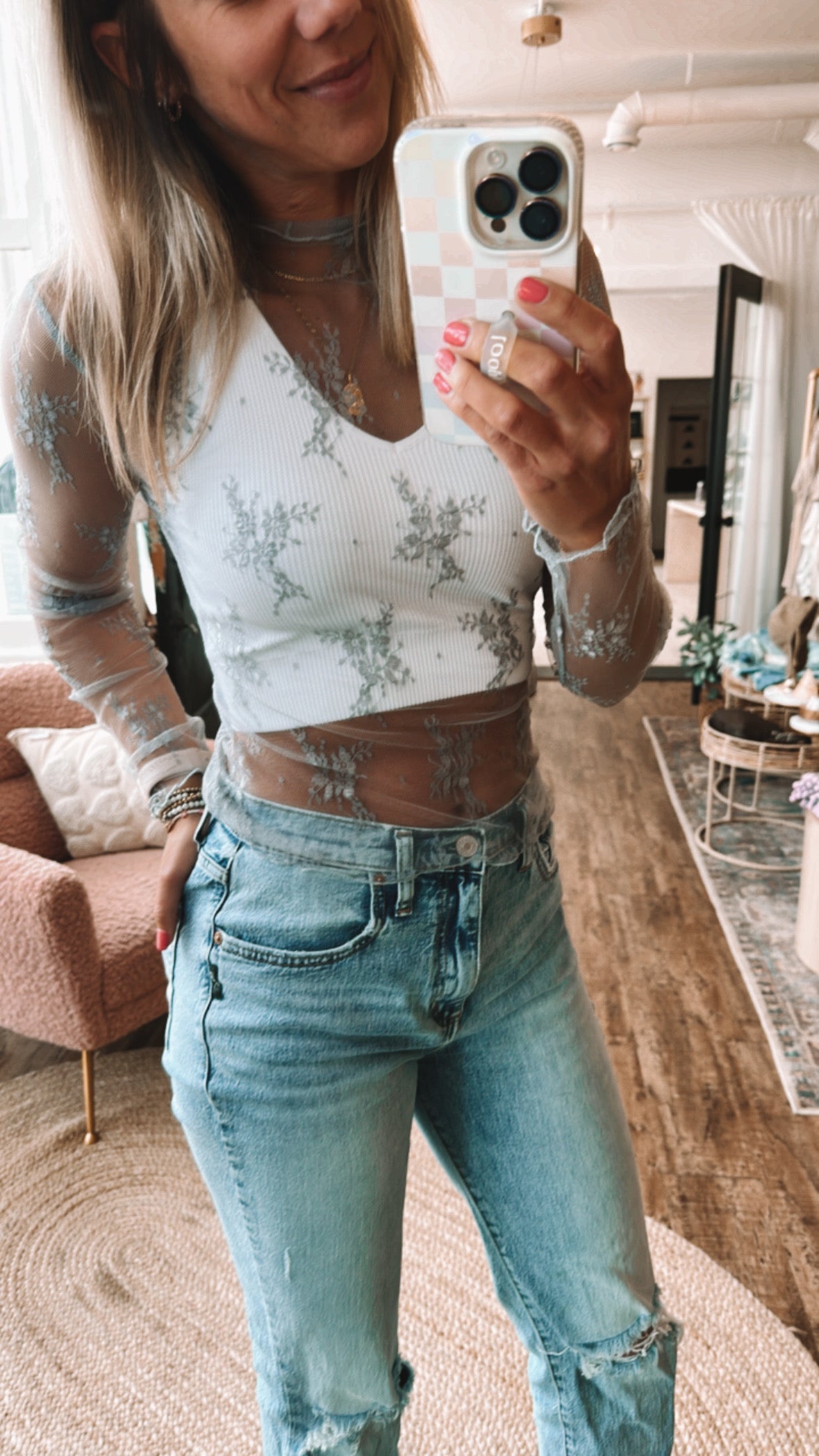 Floral embroidery sage mesh top