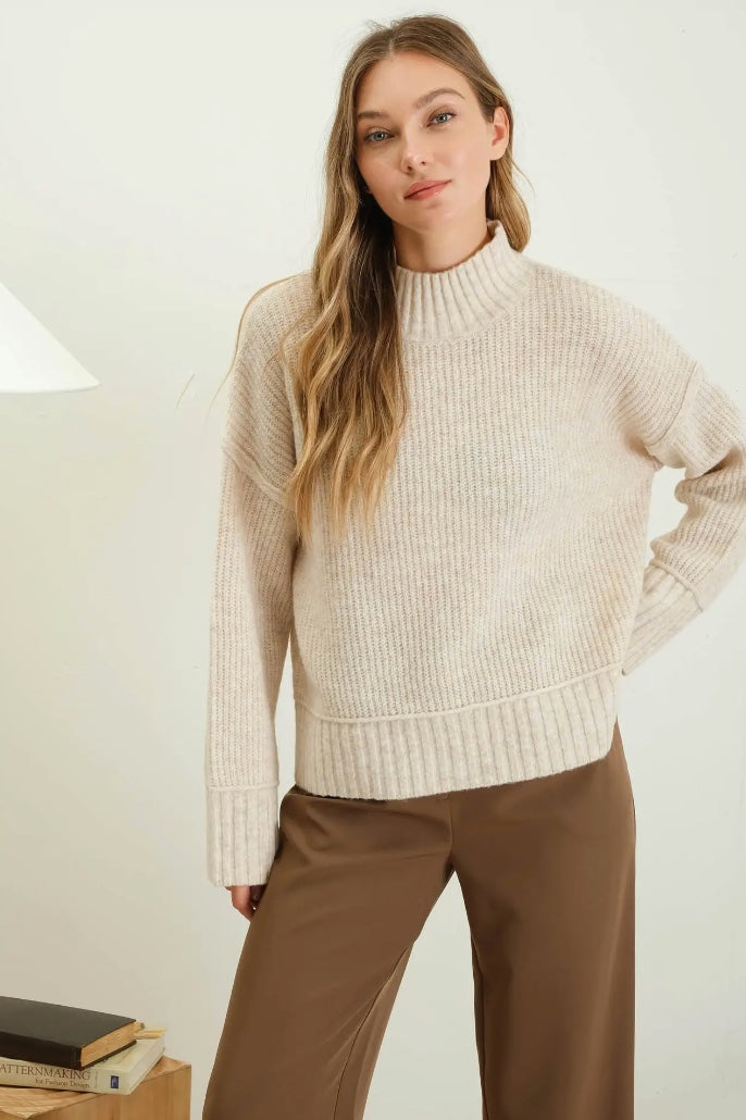 Mock Neck Split Hem Knit Pullover Sweater