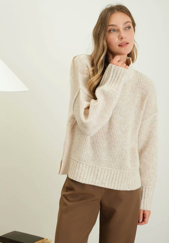 Mock Neck Split Hem Knit Pullover Sweater