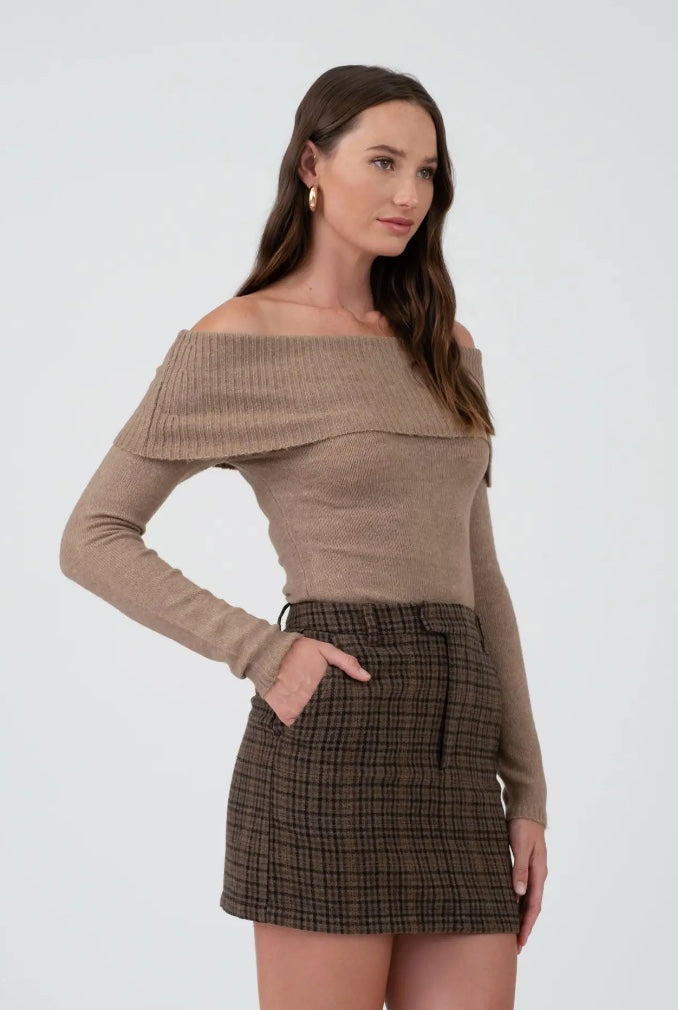 Off the Shoulder Fold Over Long Sleeve Sweater